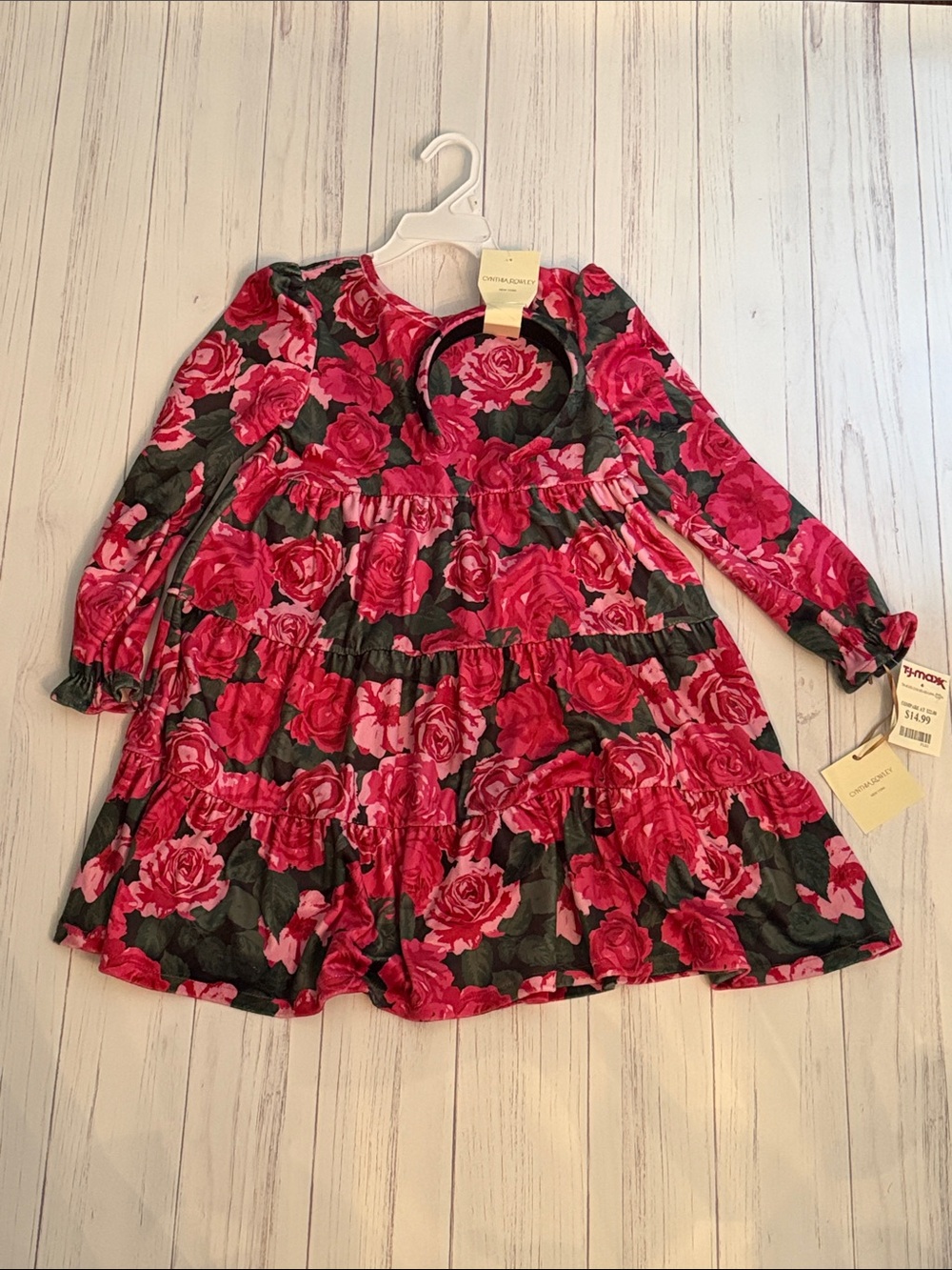 NWT Girls Floral Tiered Long-Sleeve velvet Dress - Pink Rose